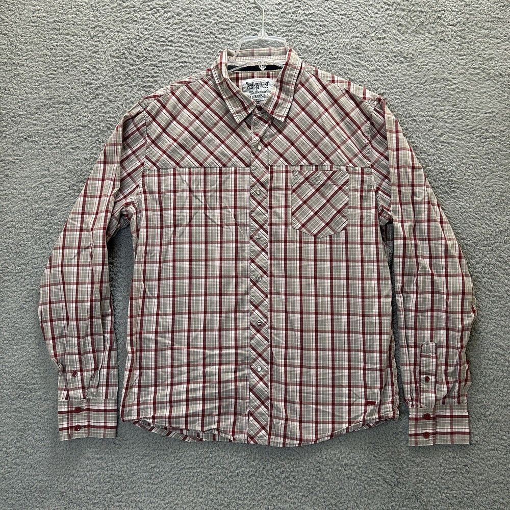 Levis Shirt Mens Extra Large Red Beige Plaid Western Pearl Snap Two Horse Brand